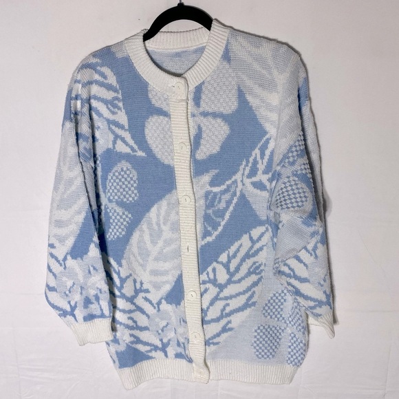 Vintage Blue White Leaf Print Jacquard Button Up Cardigan M - Picture 14 of 14